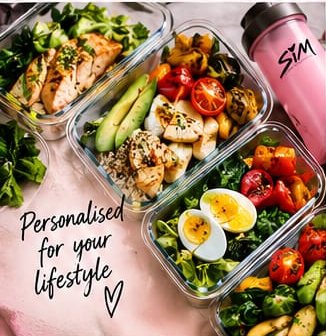 Prepared meal containers with chicken, eggs, avocado and vegetables beside a SIM water bottle, captioned &ldquo;Personalised for your lifestyle&rdquo;