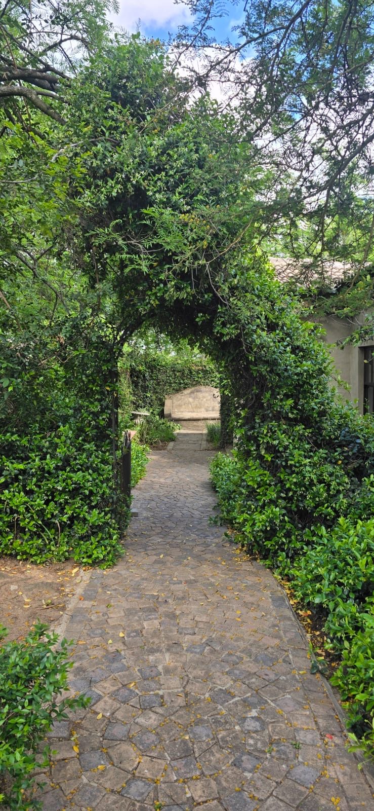 Ivy-covered archway over a cobbled garden path